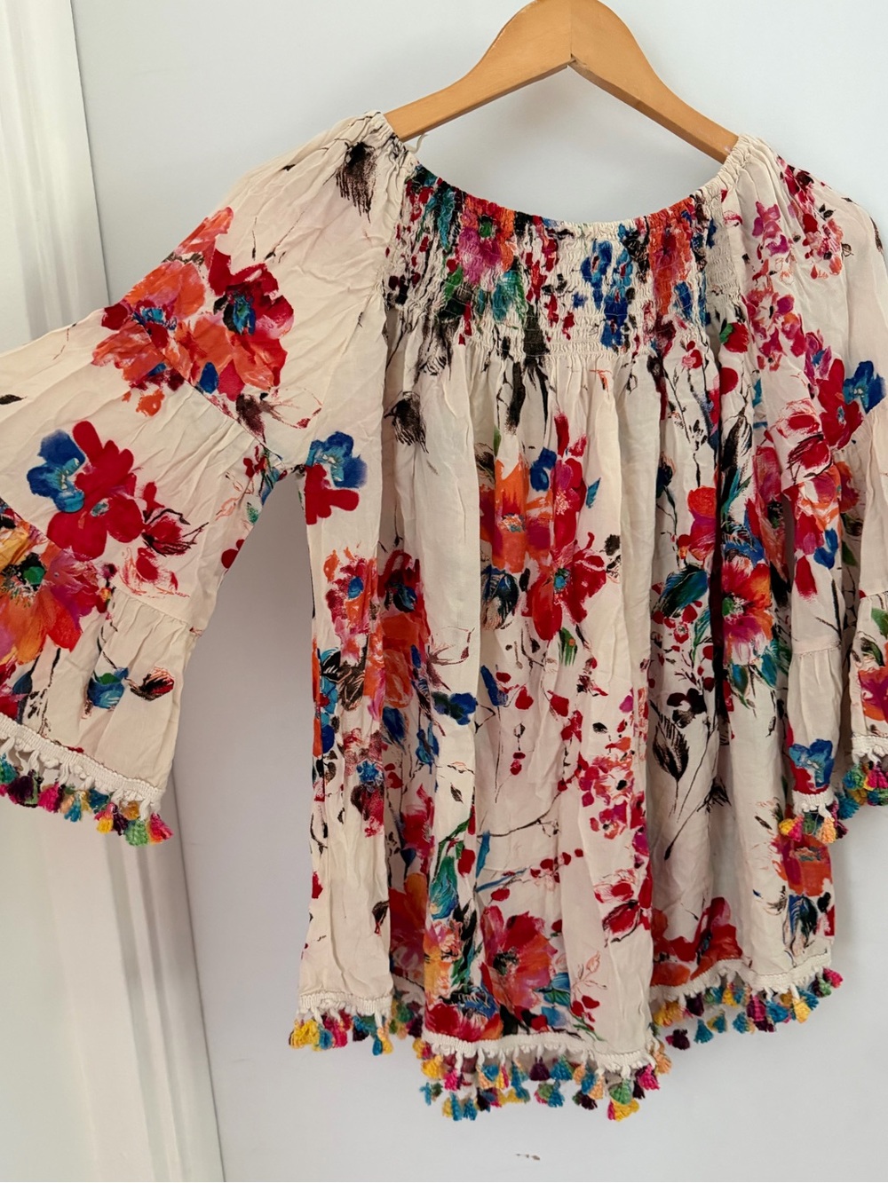 Jodifl floral flare sleeves Pom Pom Accents Multi Color Top Shirt Womens size m
